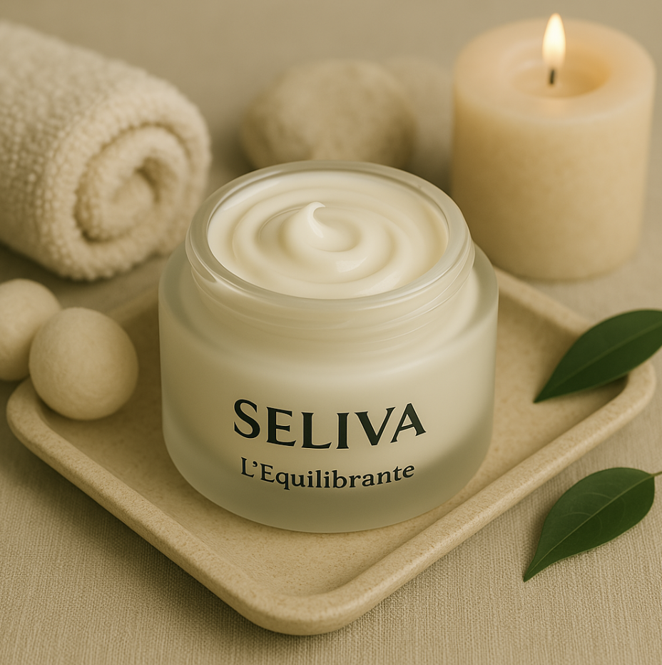 Pot de crème seliva "équilibrante" posé sur un petit plateau. La crème est entourée d'une bougie, de quelques galets et d'une serviette